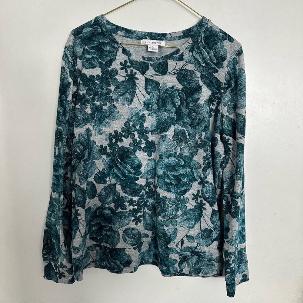 Liz Claiborne‎ Silver Long Sleeve Blouse with Floral Pattern